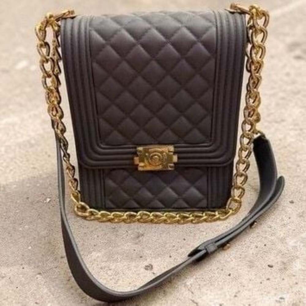 Quilted  Matte Jelly North South Crossbody Bag with Gold Chain